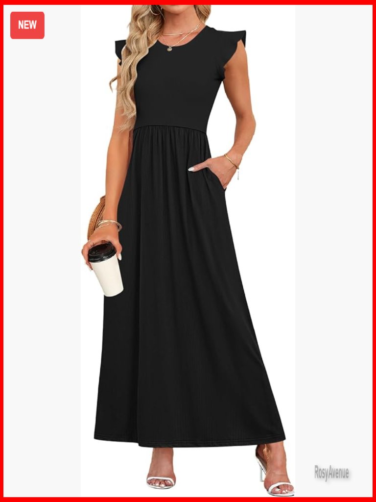 Ruffle Sleeve Maxi Dress With Pockets, Loose Fit, Polyester Spandex